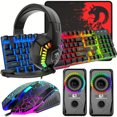 Upgrade Your Gaming Experience with the UK Layout 5-in-1 Wired Keyboard, Mouse, Headset, Speaker & Mouse Pad Combo!