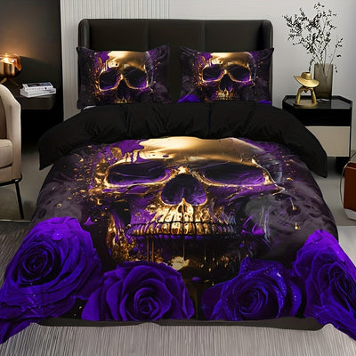 3pcs Soft and Breathable Purple Rose Skull Pattern Duvet Cover Set for Bedroom, Guest Room, and Dorm Decor - Includes 1 Duvet Cover and 2 Pillowcases (Core Not Included)