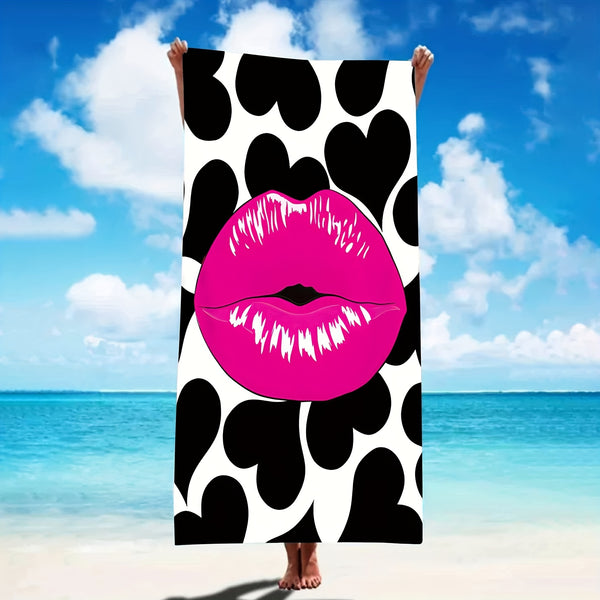 Women's Oversized Quick Dry Super Water Absorbent Towel, Comfortable Microfiber Lightweight Oblong Beach Towel With Big Red Lip Pattern, 59 