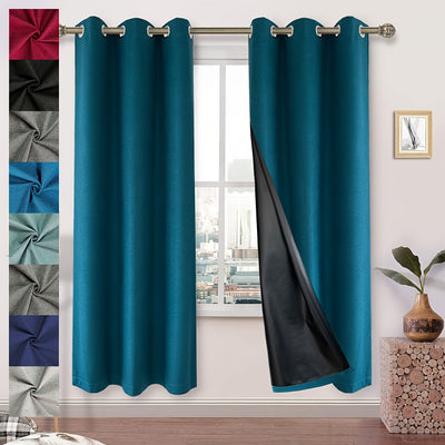 2 Panels Blackout Faux Linen Imitation Textured Curtains, Polyester Coated Insulated Blackout Grommet Top Curtain For Bedroom, Living Room, Home, Room Decoration