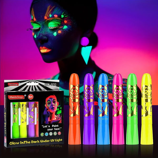 6 Pcs Glow In The Dark Face Body Paint, UV Black Light Glow Makeup Kit For Adult, Non-Toxic Fluorescent Face Paints Crayons For Birthday Party Halloween Masquerade Makeup