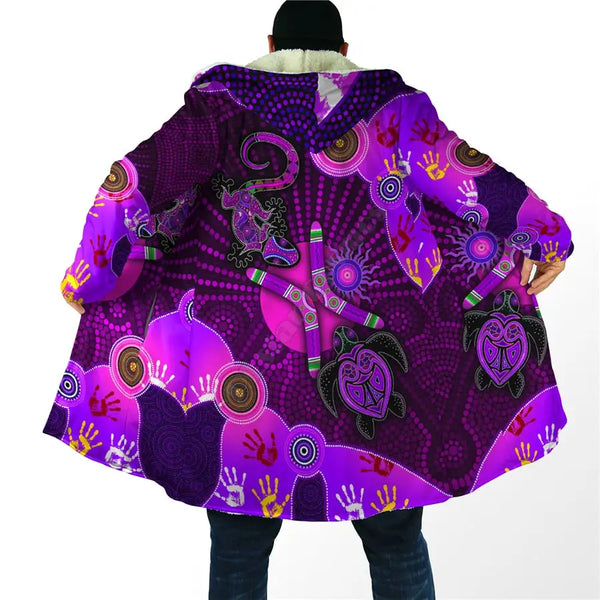 Winter Men For Women Hooded cloak Aboriginal Purple Turtle Lizard Sun 3D Prined Fleece wind breaker Warm Hood cloak