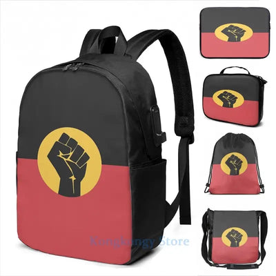 Graphic print Raised Fist on Aboriginal Flag USB Charge Backpack men School bags Women bag Travel laptop bag