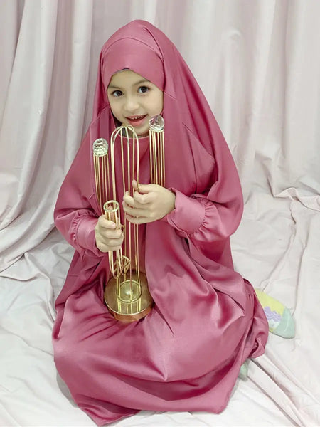 Eid Kids Prayer Garment Dress Muslim girls Long Khimar Hijab Turkey Abaya Dresses Islamic Skirt Set Full Cover jilbab Ramadan