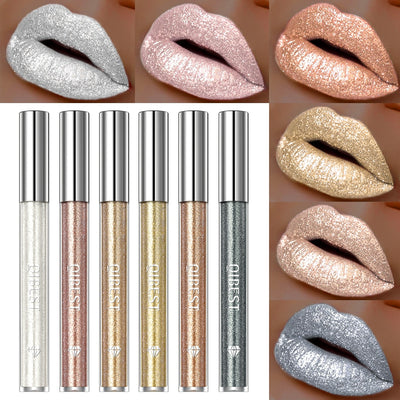 QIBEST Glitter Diamond Liquid Lipstick Waterproof Long Lasting Pearl Shiny Lip Gloss Metal Charming Women Lip Makeup 6 Colors