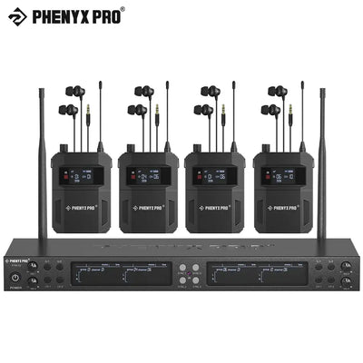 Phenyx Pro Quad-Channel Mono Wireless IEM System Metal IEM w/ 4 Bodypacks, 4x25 UHF Frequencies Rack Mount for Studio/Band
