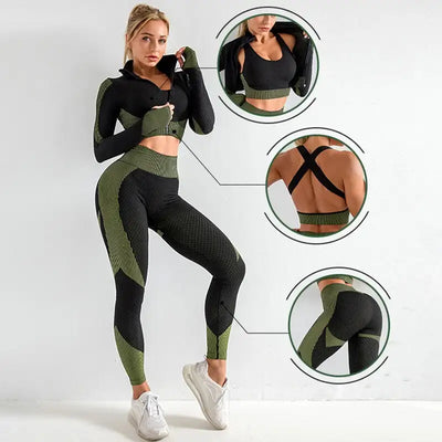 CZGUKE Women 3pcs Seamless Workout Outfits Sets Yoga Sportswear Tracksuit Leggings and Stretch Sports Bra Fitness
