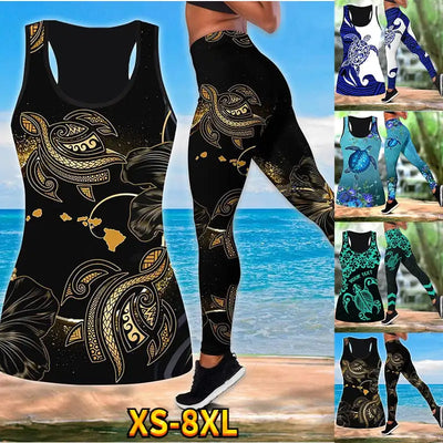 Hawaii Hibiscus Turtle 3D Over Printed Legging Tank Top Combo for Women Vest Sexy Pants Girls Leggings Yoga Suit XS-8XL