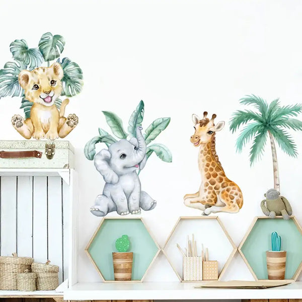 Cute African Animals Elephant Giraffe Leaves Wall Stickers Nursery Watercolor Vinyl Wall Decal Children Kids Baby Room Decor