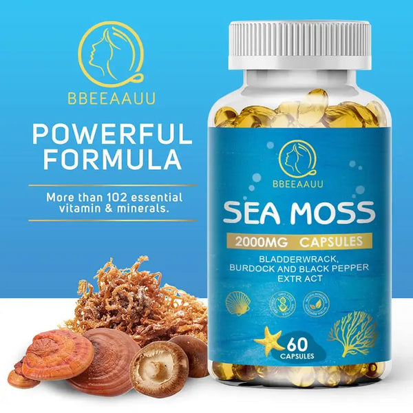 BEAU Organic Sea Moss Capsules Rich in Vitamins Minerals Boost Immune System Detox Promotes Metabolism Promote Hormonal Balance