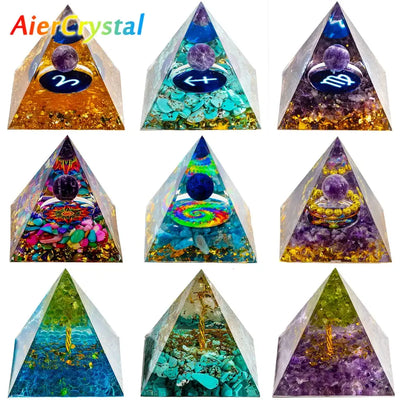 Natural Crystal Energy Generator Pyramid Peridot Amethyst Reiki Healing Crystal Chakra Resin Pyramid Meditation Tool Room Decor