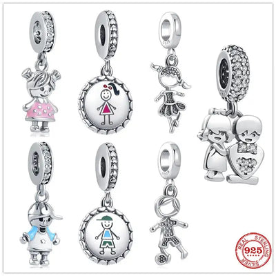 925 Sterling Silver Cute Little Boy & Girl Dangle Charm Bead For Women Gift Fit Original Bracelet Pendant DIY Jewelry