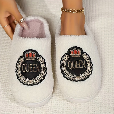 Queen & King Couple Slippers, Winter Warm Soft Sole Slip On Flat Shoes, Comfy Home Floor Slippers