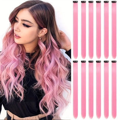 12 PCS Y2K Hair Extensions Clip In, Colored Party Highlights Extension For Women Girls Synthetic Hairpiece Straight Wig 55.88 Cm For Halloween Party And Daily Cosplay