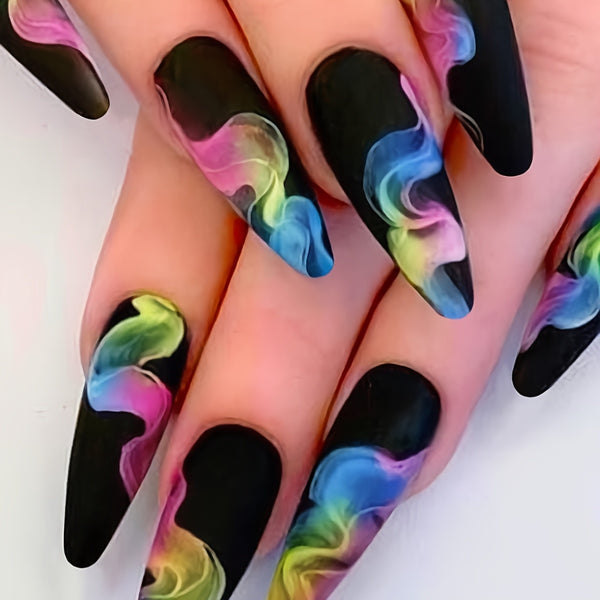 Black Almond Press On Nails Long Length Fake Nail With Colorful Graffiti Design, Acrylic Artificial Matte False Nails For Women And Girls , Halloween Nails