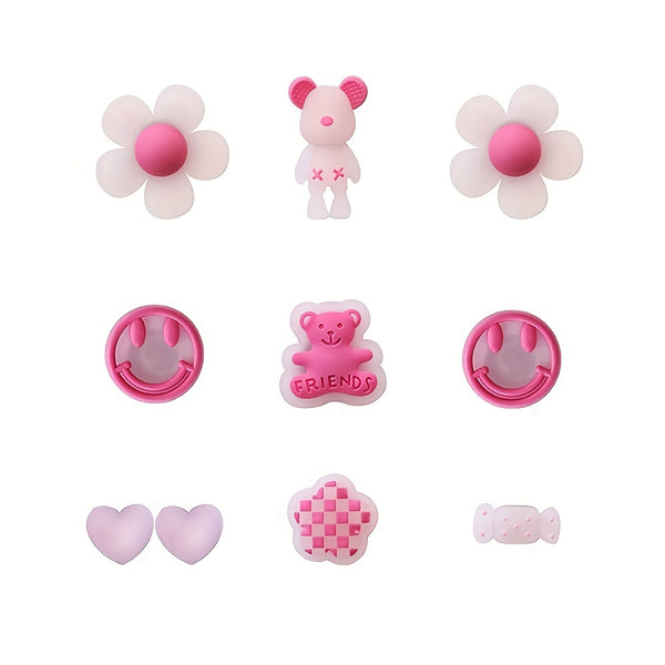 10pcs Luminous Pink Flower Smile Face Candy Series Cartoon Shoes Charms For Crocs Clogs Sandals Decoration, Shoes DIY Accessories