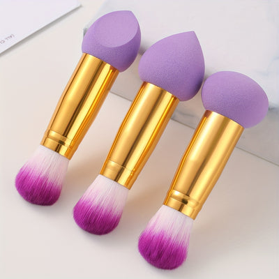 3pcs Foundation Blending Face Brushes With Two Heads Professional Soft Makeup Sponge Fluffy Blusher Brush For Women Beauty, Purple
