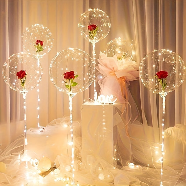 5pcs, LED Light-up Transparent Rose Bobo Balloon, Wedding Decoration, Valentine's Day Decor, Birthday Decor, Anniversary Decor, Holiday Decor, Graduation Decoration, Party Decor Supplies