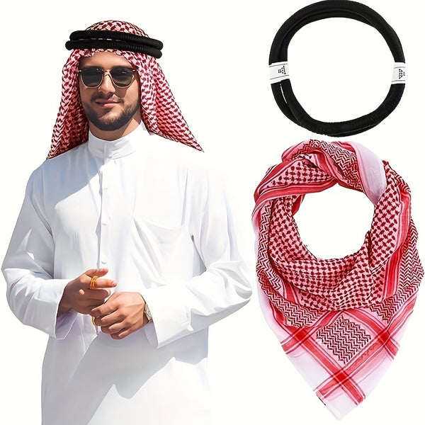 2pcs Arabian Men's Hijab Headband, Head Wrap Scarf 139.7 Cm Tactical Desert Neck Headwear With Aqel Rope For Men Women