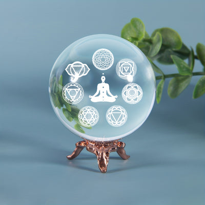 1pc Seven Chakra Pattern Crystal Ball, Healing Crystal For Home Decoration, Divination Wizard Props, Crystal Ball With Base, Energy Balance Ornament Yoga Healing Crystal Ball