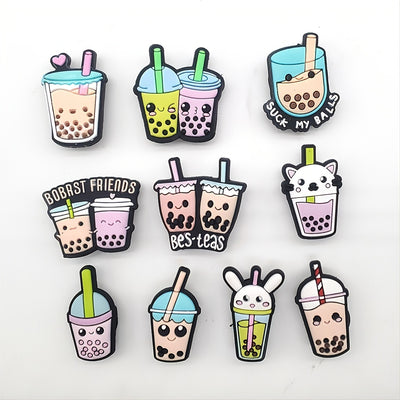 10pcs PVC Cute Milk Tea Cartoon Shoe Charms Decoration Accessories Charms