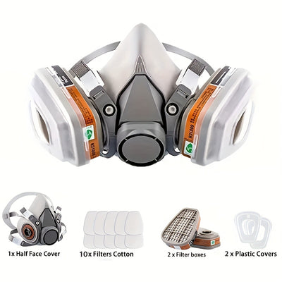1 Set Upgraded Reusable Respirator Kit, Half Face Cover Gas Mask With 10 Filter Cotton, Activated Carbon Half Mask For Formaldehyde, Chemical Toxic Gas, For Staining, Car Spraying, Sanding & Cutting, DIY And Other Work Protection, 6200