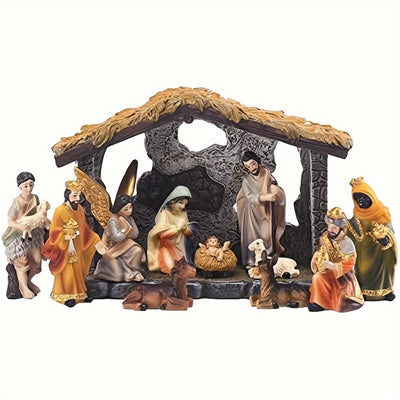 12pcs, Real Nativity Scene Figurines - Indoor Christmas Decoration with Resin Manger Scene