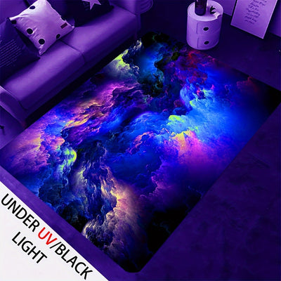 1pc UV Black Light Flannel Luminous Rug, Modern Galaxy Outer Space Pattern Rug, Non-Woven Back, UV Reactive Glow Large Non-Slip Mat, Bedroom, Liviing Room, Playroom Rug, Room Decor, Large 3D Gaming Area Rug, Machine Washable
