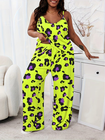 Plus Size Casual Pajama Set, Women's Plus Allover Print Round Neck Cami Top & Pants Loungewear Two Piece Set