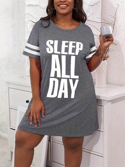 Plus Size Casual Nightdress, Women's Plus Slogan Print Striped Short Sleeve Round Neck Sleep Dress