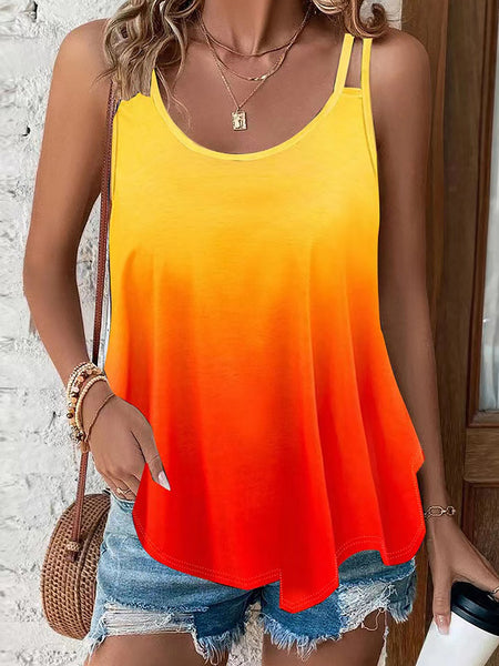 Gradient Cutout Straps Top, Casual Crew Neck Summer Sleeveless Top,