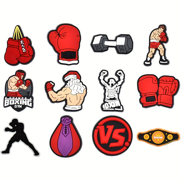 12Pcs Boxing Series Cartoon Shoe Charms For Clogs Sandal Decoration, DIY Accessories