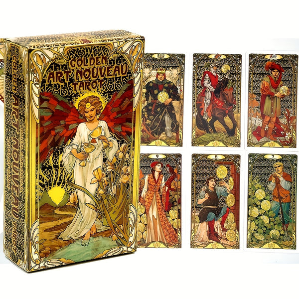Golden Art Nouveau Tarot Deck 78 Cards With Guidebook Cards Occult Divination Book Sets For Beginners Box Major And Minor