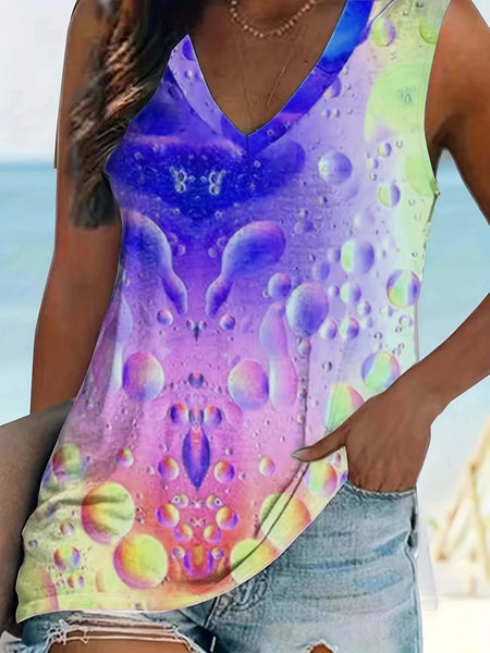 Bubble Gradient Print Sleeveless Top, Casual V Neck Summer Top,