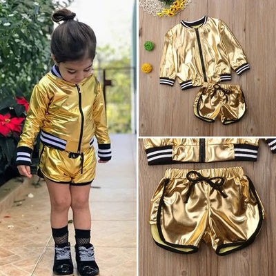 Pudcoco Fashion Girl Clothes Suits 2PCS Toddler Girls Golden Jacket+Shorts Outfits Clothes Set Childrens Age 1-6Y