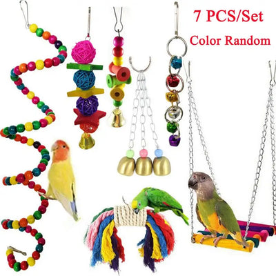 Cute 7PCS/Set Parrot Birds Toy Kit Swing Hanging Bells Wooden Bridge Accessories Bird Toy Standing Training Pet Tool