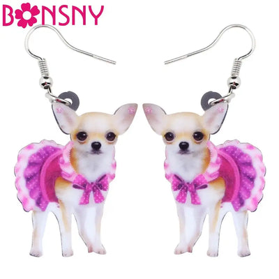 Bonsny Acrylic Pink Dress Chihuahua Dog Earrings Big Long Dangle Drop Animal Jewelry For Girls Women Ladies Teen Accessories Pet