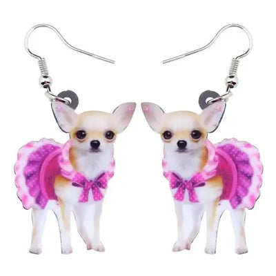 Bonsny Acrylic Pink Dress Chihuahua Dog Earrings Big Long Dangle Drop Animal Jewelry For Girls Women Ladies Teen Accessories Pet