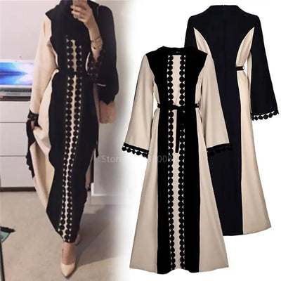 New Muslim Robe Islamic Clothing for Women Middle East Duibai Arab Ramadan Prayer Lace Polka Stiching Elegant Abaya Belt Dress