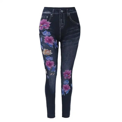 Slim Women Leggings Floral Print Pencil Faux Denim Jeans Casual Leggings S-3XL
