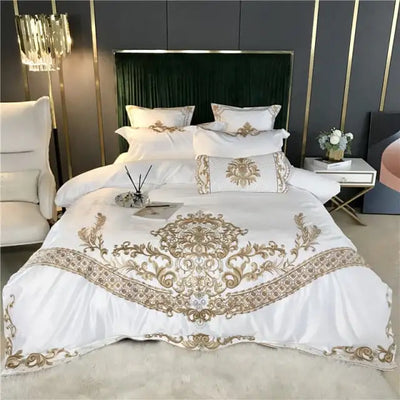 New White Luxury European Royal Gold Embroidery 60S Satin Silk Cotton Bedding Set Duvet Cover Bed Linen Fitted Sheet Pillowcases