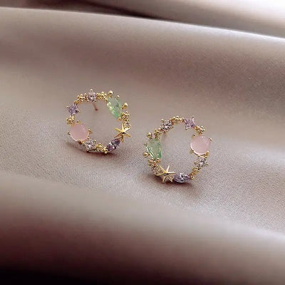 New Arrival Classic Round Pink Green Crystal Stud Earrings Sweet Flower Cirlce Jewelry Fashion Brincos Gift  for women