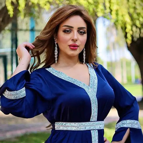 Siskakia Satin Maxi Dress For Women Turkey Arabic Diamond V Neck Long Sleeve Jalabiya Muslim Islamic Ethnic Abaya Query Fall New