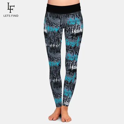 LETSFIND Brand Fashion Winter Women Plus Size Pants 3D Doodle Letter Element Digital Printing High Waist Soft Workout Leggings
