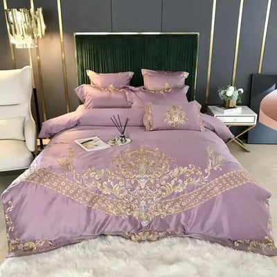 Golden Chic Embroidery White Duvet cover set Satin like Silk and Cotton Bedding set with Bed Sheet 2Pillowcases Queen King 4Pcs