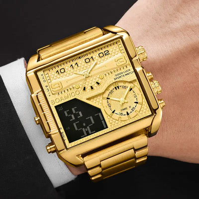 New Top Brand Luxury Fashion Men Watches Gold Stainless Steel Sport Square Digital Analog Big Quartz Watch for Man