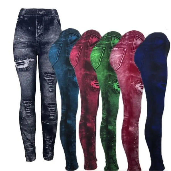 Women 2021 Imitation Distressed Denim Jeans Leggings Casual High Waist Slim Elastic Pencil Pants Sport Leggins Femal Push Up