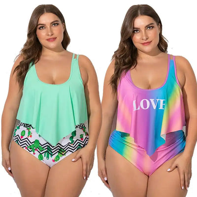 Summer Plus Size Two Pieces Women's Bikinis Set Cactus/Letter Printed Ruffle Big Swimsuit Large Female Swimming Suits 5XL