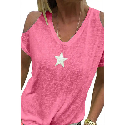Hot Women T-Shirt Summer Cold Shoulder Star Print Plus Size T-Shirt V Neck Solid Color Top Oversized  T Shirt Women's Clothing