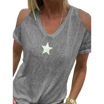 Hot Women T-Shirt Summer Cold Shoulder Star Print Plus Size T-Shirt V Neck Solid Color Top Oversized  T Shirt Women's Clothing